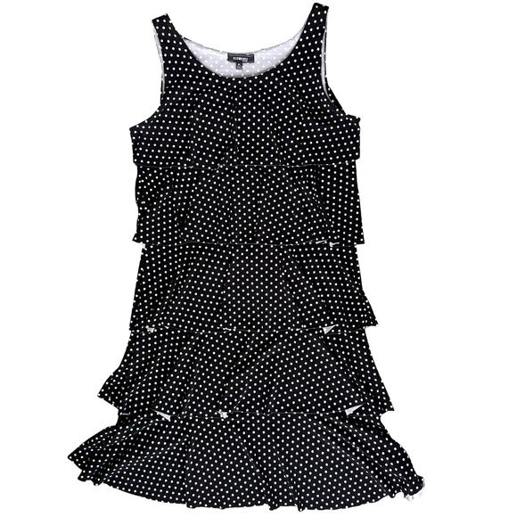Elementz Polka Dot Tiered Dress Petite Large PL Black White Sleeveless Flirty - Picture 1 of 12
